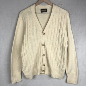 VTG LAHMAR Cardigan Sweater Men's Sz M‎ Cream Button V-Neck 70s Cable Grandpa